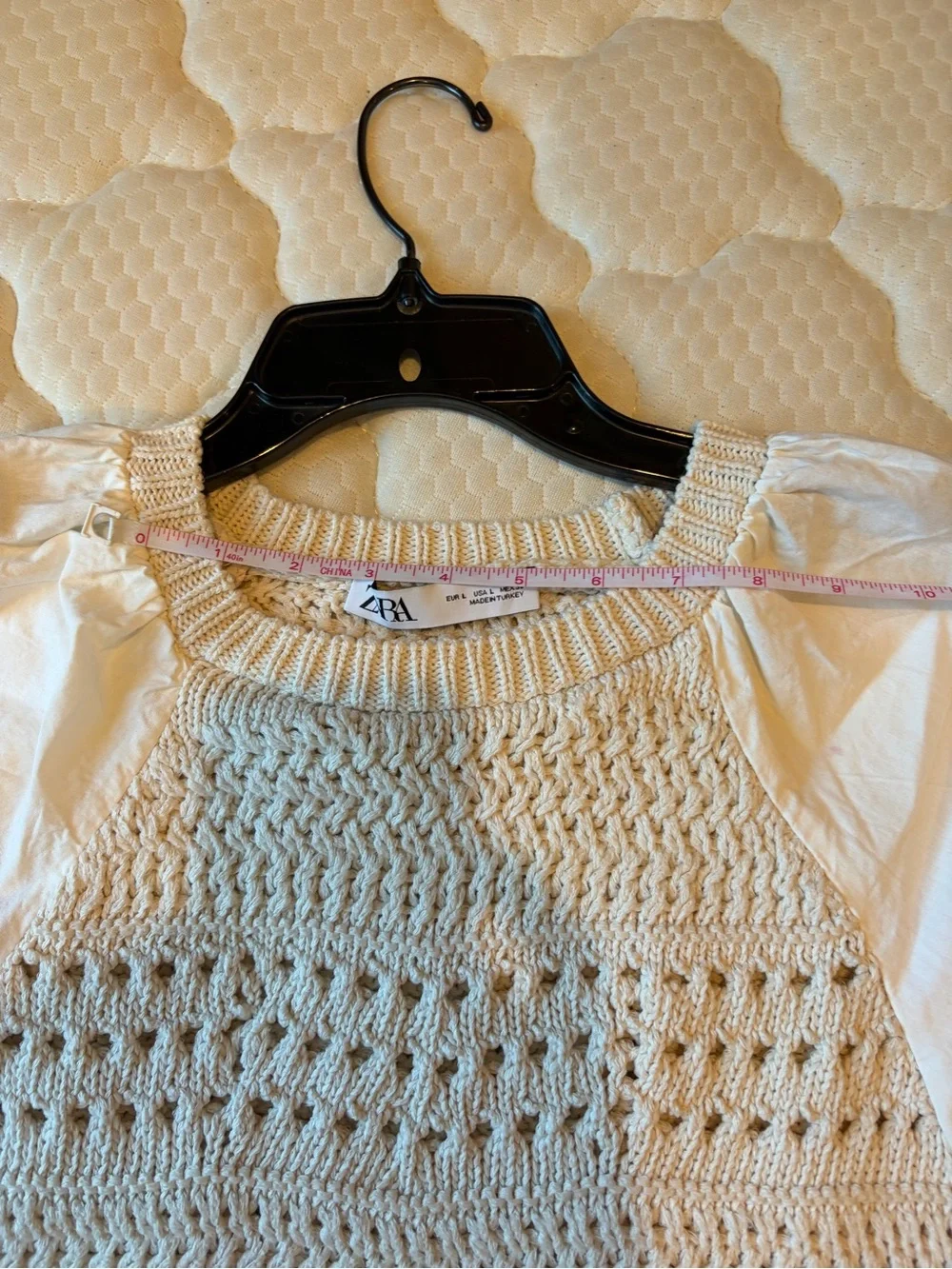 ZARA Cream Crochet Knit Bodice Puff-Sleeve Top